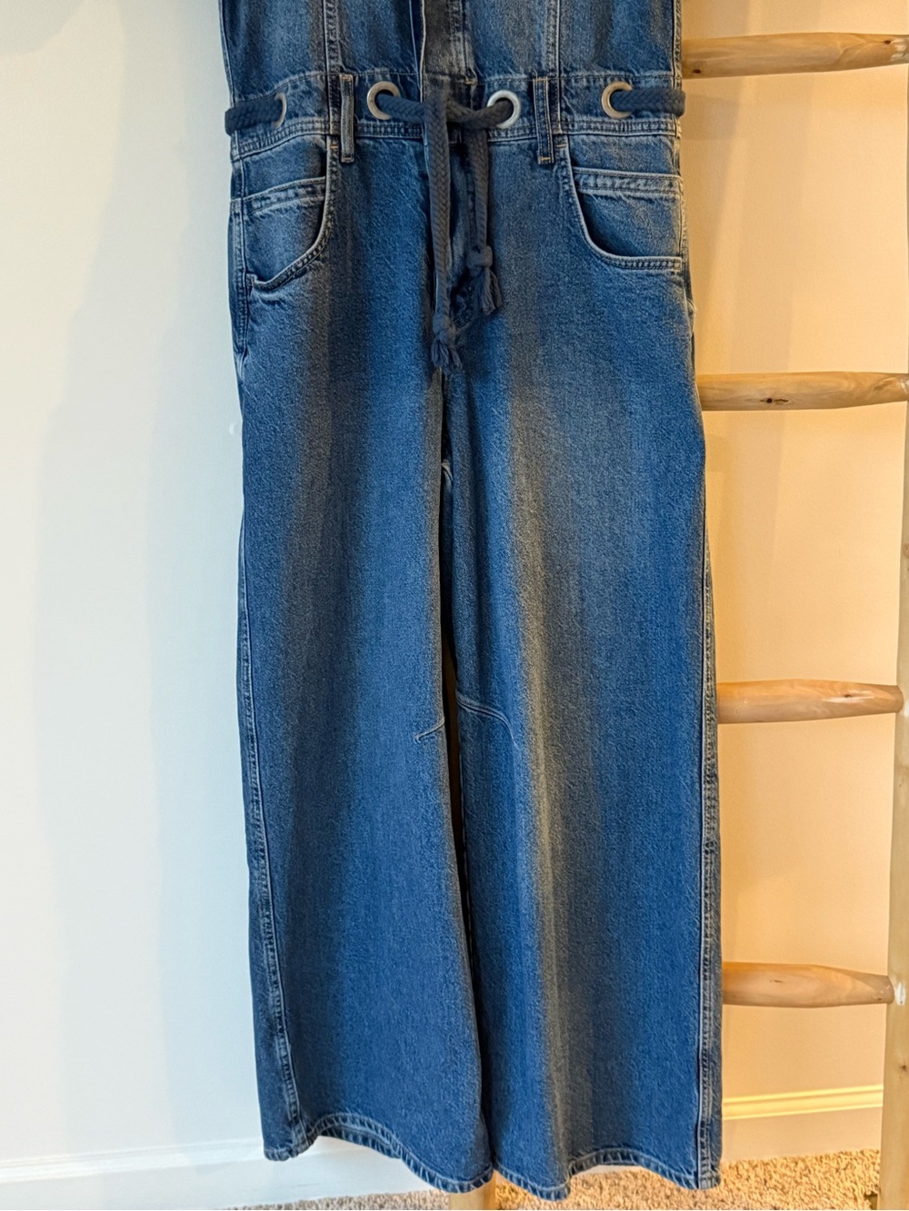 Free People We The Free Edison Wide Leg Coverall Boho Cape Blue Jumpsuit M NWOT - Picture 7 of 13